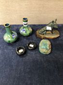 A PAIR OF VINTAGE CLOISSONNE ENAMEL VASES, A TURQUISE GLAZED EGYPTIAN SCARAB AND A FIGURE OF A