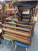 A VINTAGE ERCOL CHILDS CHAIR, TWO ERCOL PLATE RACKS, A NEST OF TABLE, TWO COFFEE TABLES AND TWO