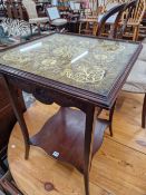 A MAHOGANY OCCASIONAL TABLE, THE TOP INSET WITH GOLD WIRE WORK EMBROIDERED PANEL