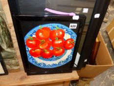 ACRYLIC ON BOARD OF A PLATE OF TOMATOES, TOGETHER WITH TWO PAINTINGS ON THE THEME OF IT TAKES ALL