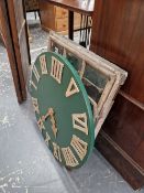 A VINTAGE STYLE DECORATIVE CLOCK PANEL, SECTIONAL MIRROR AND TWO WOODEN PANELS.