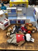A WELLS & CO. TOY MODERN KITCHEN, COSTUME DOLLS, A SOFT TOY BADGER AND A PULL ALONG DUCK