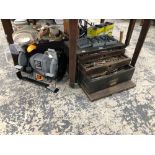 AN ELECTRIC BENCH GRINDER TOGETHER WITH A WORK BOX OF ENGINEERING TOOLS, SOCKET SETS ETC
