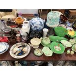 CARLTON WARE, THREE IMARI VASES, TEA POTS, ORIENTAL JARS, BLUE PRINTED PLATTERS AND MISCELLANEOUS