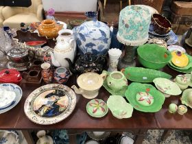 CARLTON WARE, THREE IMARI VASES, TEA POTS, ORIENTAL JARS, BLUE PRINTED PLATTERS AND MISCELLANEOUS