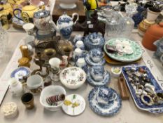 BLUE AND WHITE TEA WARES, TWO SPIRIT DECANTERS, THIMBLES, A CHINESE BOY ON A WOODEN BUFFALO,