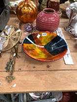 A POOLE POTTERY BOWL, A HARVEST JUG, A GLASS PUMPKIN, PAPERWEIGHTS AND BRASS TOASTING FORKS.