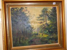OIL ON CANVAS A WOODLAND SCENE UNSIGNED 14cm x 59cm