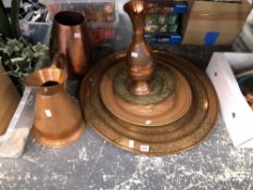 TWO COPPER DISHES, A VASE, TWO COPPER JUGS AND A SMALLER BRASS DISH