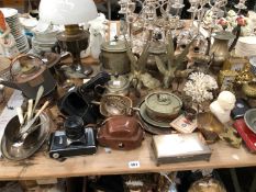COLLECTIVE SILVER PLATED WARES AND BRASS, TWO CLOCKS, A ZENIT CAMERA ETC.