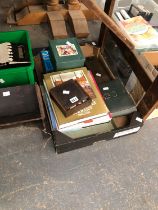 A BOOK TROUGH, ANTIQUE AND OTHER BOOKS, ROWNEY WRITING INKS, A BEZIQUE MARKER, ETC.