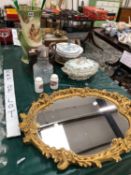 A GILT FRAMED MIRROR, TWO VEGETABLE TUREENS, A JEWELLERY CHEST, A CLARET JUG AND A VASE OF THREE