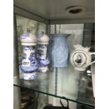 A COBDEN AND PEEL COMMEMORATIVE STONE WARE JUG, AN 1887 JUBILEE JUG AND A SPODE ITALIAN PATTERN