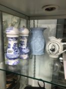 A COBDEN AND PEEL COMMEMORATIVE STONE WARE JUG, AN 1887 JUBILEE JUG AND A SPODE ITALIAN PATTERN