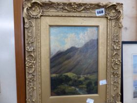 OIL ON CANVAS OF A VALLEY AND MOUNTAIN SCENE UNSIGNED 16cm x 18cm