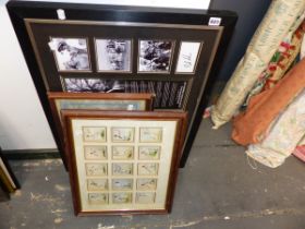 TWO FRAMED SETS OF CIGARETTE CARDS TOGETHER WITH FRAMED BONDS AND RACING MEMORABILIA (7)