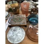 TWO GLASS CHEESE DISH COVERS, GLASS VASES AND A BOWL, A WROUGHT IRON MOUNTED TILE STAND AND A