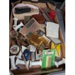 CASED BIROS AND PENS, AN ELECTROPLATE LADLE, MARROW SCOOP, POSTCARDS AND MISCELLANEA