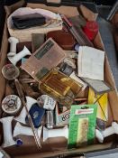 CASED BIROS AND PENS, AN ELECTROPLATE LADLE, MARROW SCOOP, POSTCARDS AND MISCELLANEA
