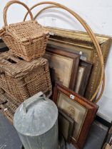 VARIOUS ANTIQUE PICTURE FRAMES, TWO BAMBOO HULA HOOPS, WICKER BASKETS ETC.