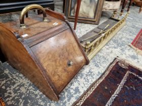 A WALNUT COAL BOX, BRASS FIRE FENDER AND TOOLS.