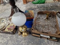 VINTAGE OIL LAMP, VARIOUS CHINA AND GLASS, BOOKS ETC.