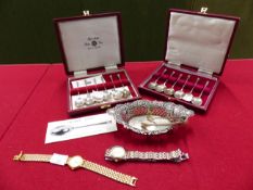 HALLMARKED SILVER TO INCLUDE A PIERCED DISH, TWO SETS OF COFFEE SPOONS, A ROTARY AND A SEIKO