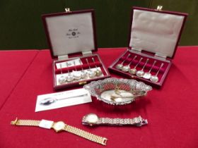 HALLMARKED SILVER TO INCLUDE A PIERCED DISH, TWO SETS OF COFFEE SPOONS, A ROTARY AND A SEIKO