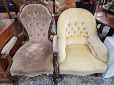 A VICTORIAN SHOW FRAME BUTTON BACK ARMCHAIR AND ONE OTHER.