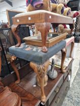 TWO VINTAGE DRESSING STOOLS AND A LONG FENDER STOOL.