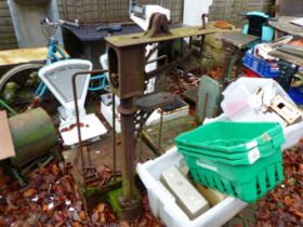 VARIOUS ANTIQUE AND LATER WEIGHING SCALES, A QUALCAST MOWER, LADIES BICYCLE ETC.