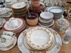 MIDWINTER, GRINDLEY, WEDGWOOD AND FRENCH DINNER PLATES TOGETHER WITH THREE COOKING POTS, A TEA