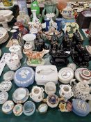 A COLLECTION OF ANTIQUE COW CREAMERS, A JASPER WARE BISCUIT BARREL AND CANDLESTICKS, REGAL WARE, AND