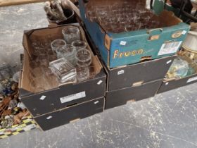 A LARGE COLLECTION OF DRINKING GLASSES, WOODEN AND CERAMIC ORNAMENTS ETC.