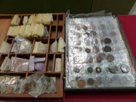 A LARGE QUANTITY OF ANTIQUE AND LATER COLLECTORS COINS AND BANK NOTES CONTAINED IN TWO WOODED TRAY