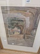 AN EARLY 20TH CENTURY WATERCOLOUR. CHURCHYARD FROM THE DOOR. INDISTINCTLY SIGNED.
