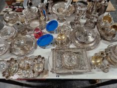 A LARGE COLLECTION OF SILVER PLATED WARES.