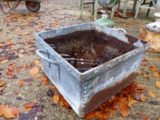A VINTAGE SQUARE GALVANIZED BUCKET AND A PAIR OF SMALL WROUGHT IRON STANDS.
