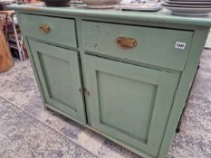 A VINTAGE GREEN PAINTED KITCHEN CABINET.