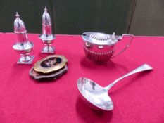 HALLMARKED SILVER TO INCLUDE A PAIR OF PEPPERS, A LIDDED MUSTARD, AND A SMALL LADLE. WEIGHT 203grms,