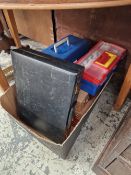 A BOX CONTAINING VARIOUS ARTISTS MATERIALS, FOLDING EASELS ETC.