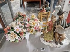 CAPODIMONTE FIGURINE AND TWO FLORAL GROUPS.