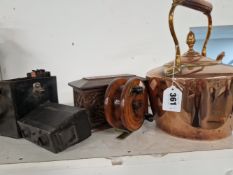 A VICTORAIN COPPER KETTLE, A CARVED SHIPS OAK SMALL BOX, A FISHING REEL (UNKNOWN MAKER) AND AN