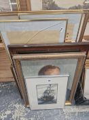 TWO FRAMED ORIENTAL SCROLL PANELS, AN OIL PORTRAIT, OTHER PAINTINGS AND PRINTS.(11)
