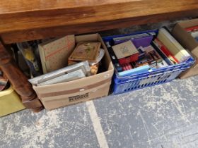 A LARGE COLLECTION OF BOOKS, VARIOUS PICTURE FRAMES, TINS ETC.