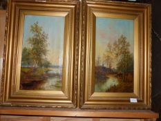 A PAIR OF RURAL RIVER SCENES, OIL ON CANVAS. 44 x 24cms (2)
