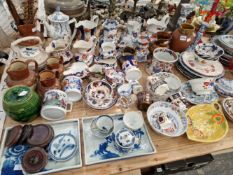 MASONS IRONSTONE AND GAUDY WELSH WARES, TWO ORIENTAL BLUE AND WHITE RECTANGULAR DISHES, TEA BOWLS