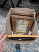 A LACQUER FRAMED MIRROR, VARIOUS FRAMES ETC.