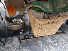 A QUANTITY OF FIRESIDE AND OTHER METAL WARES, A LARGE BASKET OF TEXTILES ETC.