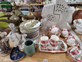 THREE TURKISH BRASS KETTLES, A ROYAL ALBERT TEA SET, POTTERY SCULPTURE ETC.